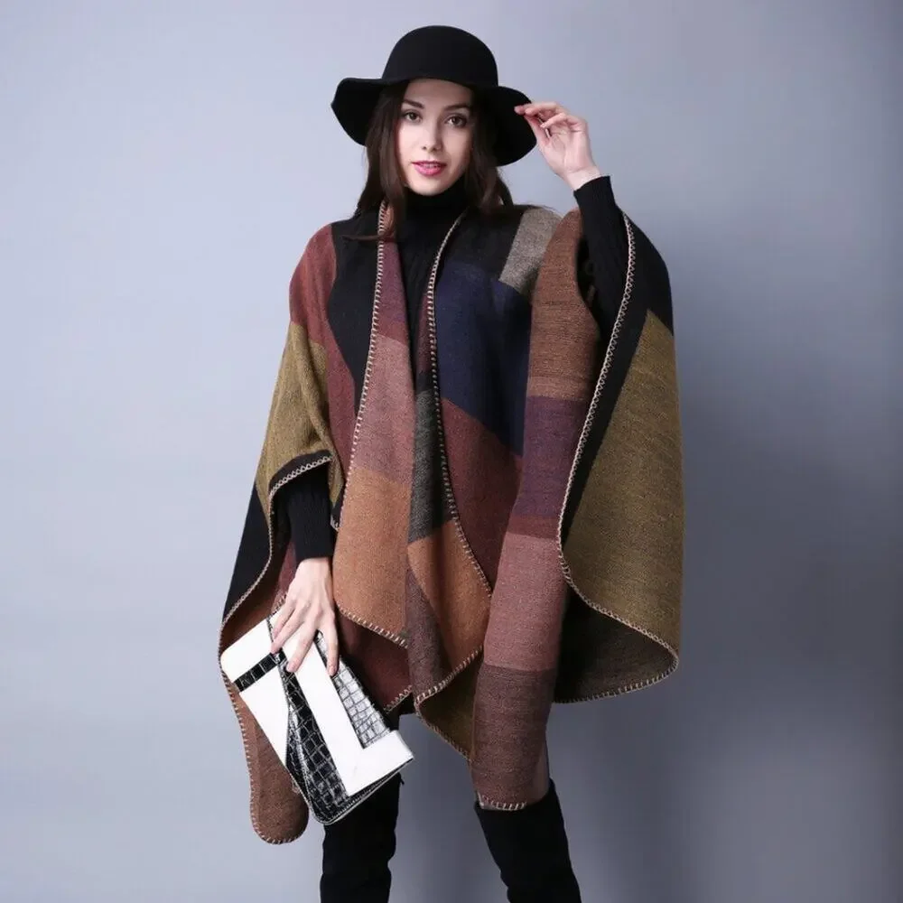 2/$30 NEW Boho Colorblock Earth Tones Ruana Oversized Open Wrap Poncho Blanket - Picture 6 of 11